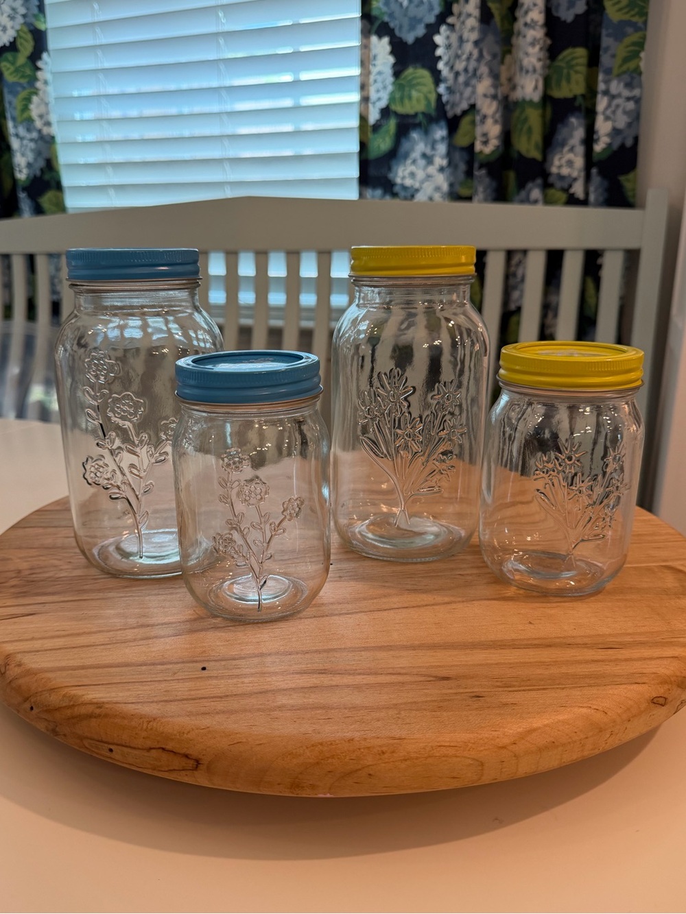 Set of (4) Floral Embossed Standard Mouth Jars with Floral Lids - blue & yellow